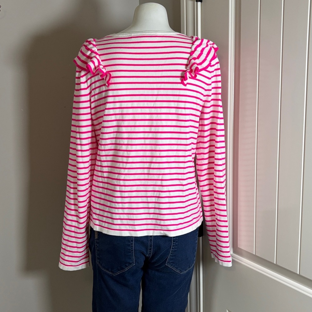 Lilly Pulitzer Ruth Striped Ruffle Sweater Beach Stripe Pink Tango Sz L - Picture 5 of 12